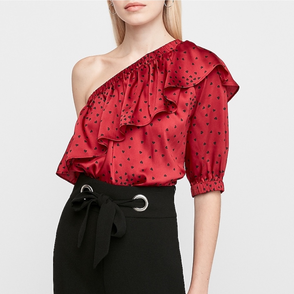 Heart One Shoulder Ruffle Banded Bottom Top